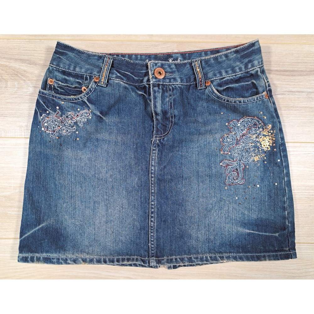 American Eagle Denim Mini Skirt Medium Wash Embroidered Sequined Y2K Boho Size 2